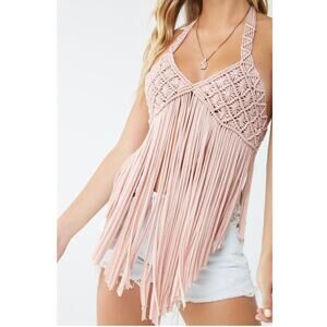 Forever 21 Pink Festival Macrame Fringe Halter Top Size M